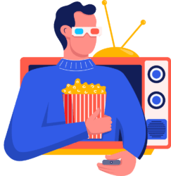 Televisie kijken met afstandsbediening en popcorn